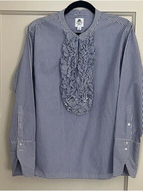 J. Crew Women's Navy & White Striped Ruffle Front Shirt, Thomas Mason for JCrew